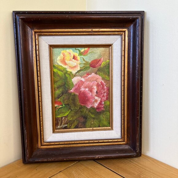 Pink & Yellow Rose Flowers Original Framed Oil Painting Vintage F. Gascoyne - Picture 1 of 6